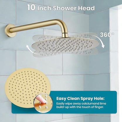 gotonovo Shower System 10 Inch Round Rainfall Showerhead Wall Mounted High Pressure Shower Faucet Set Fixture Combo with Rough in Valve and Cylindrical Handheld Spray, Brushed Gold