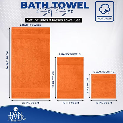 DAN RIVER 8 Piece Luxury Bath Towels for Bathroom, Towel Set, Orange | 2 Bath towels, 2 Hand towels, and 4 Wash Cloths, 600 GSM 100% Ring Spun Cotton, Highly Absorbent, Gym, Hotel, guest, and Spa