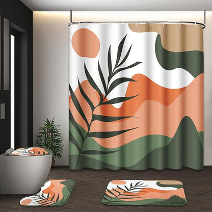 Bathroom Sets with Shower Curtain and Rug 4 Pcs, Boho Sun Mountain | Mid Century Abstract Bathroom Decor Set with Toilet Lid Cover, Non-Slip Bath Mats and Accessories 12 Hooks