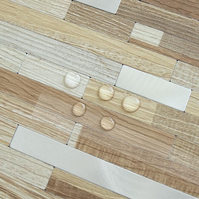 AULIGET 2 Sheets Beige & Brown Wood Peel and Stick Backsplash, PVC Mixed Metal Silver Wall Tile Stick on Backsplash for Kitchen and Bathroom
