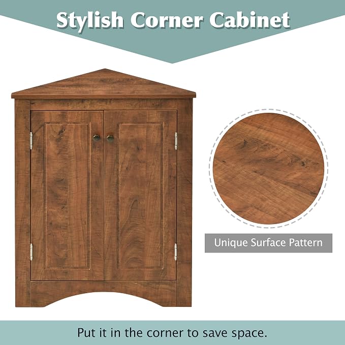 Corner Storage Cabinet with Two Doors and Adjustable Shelf, Freestanding Floor Space Saver for Bathroom, Living Room or Kitchen, Brown