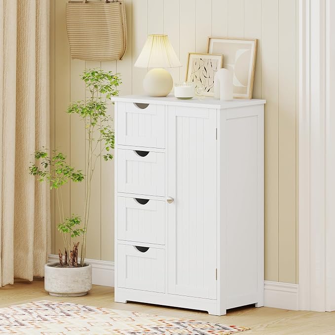 Giantex Storage Cabinet with 4 Drawers, Bathroom Storage Organizer with Cupboard, Adjustable Shelf, Anti-Toppling Device, Floor Cabinet, Entryway Storage Unit Console Table, White