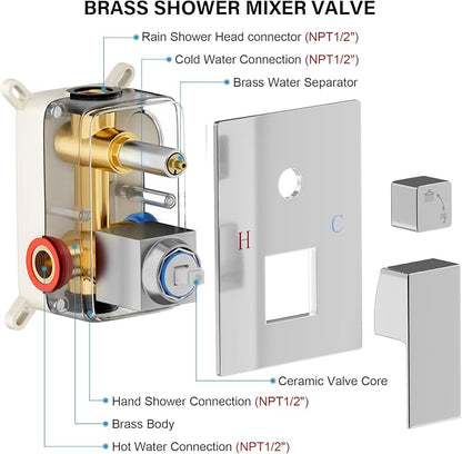 FPXRNG Shower Faucet Set Bathroom Square Rain Shower Head and Handle Set, Wall Mounted Shower Fixtures, Full Metal Trim Repair Kit 10 inch Polished Chrome (With Shower Valve)