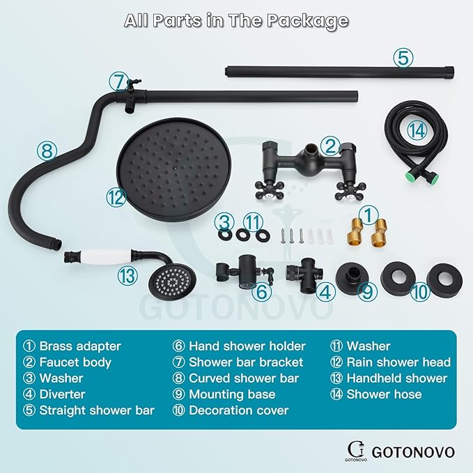 gotonovo Luxury Exposed Shower Faucet Set Bathroom Shower System 8 Inch Wall Mount Rainfall Shower Head with Handheld Spray Cross Double Handle Shower Fixture Adjustable Arc Rod Matte Black