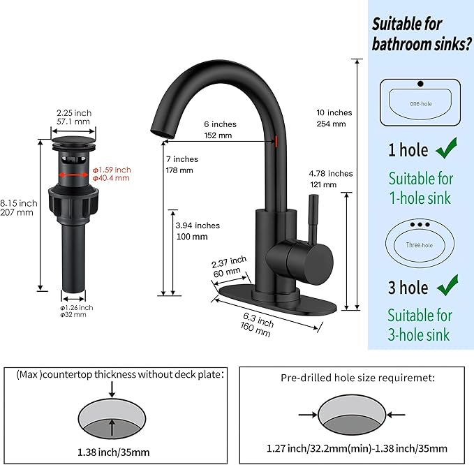 Matte Black Bathroom Sink Faucet Single Hole, Modern Single Handle Bathroom Faucet Commercial Stainless Steel Bar Faucet Laundry Sink Faucet with Drain