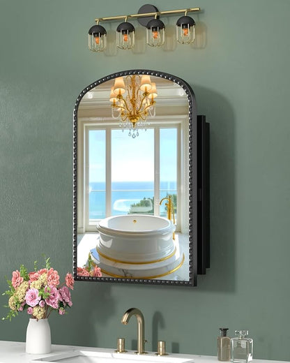 Black Medicine Cabinet for Bathroom, Surface Mount or Recessed Medicine Cabinets with Storage and Arched Mirror 20"x28" , All-Metal Daisy Decor Frame, Includes 2 Adjustable Shelves and 1 Organizer