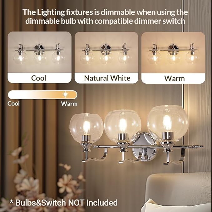 Chrome Vanity Light, 3-Light Polished Silver Bathroom Light Fixture Over Mirror, Modern Wall Sconce with Clear Glass Shade, Industrial Wall Lighting for Living Room, Bedroom, Hallway, 22.3"