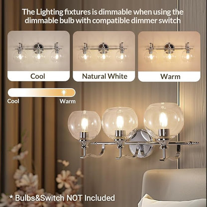 Chrome Vanity Light, 3-Light Polished Silver Bathroom Light Fixture Over Mirror, Modern Wall Sconce with Clear Glass Shade, Industrial Wall Lighting for Living Room, Bedroom, Hallway, 22.3"