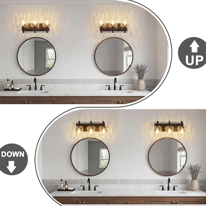 Bathroom Light Fixtures Farmhouse Oil Rubbed Bronze Vanity Lights for Bathroom Lighting Fixtures Over Mirror with Hammered Glass Lampshade for Cabinet Mirror Bedroom Hallway 3 Light