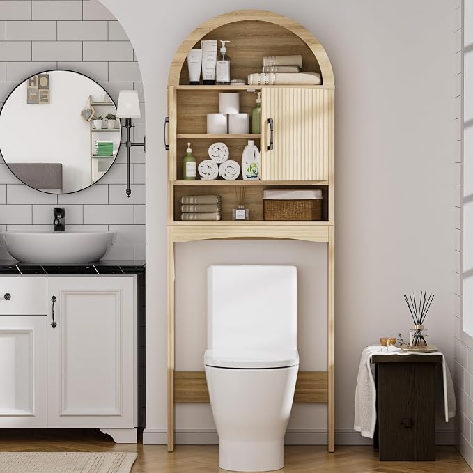 Spurgehom Arch Over The Toilet Storage Cabinet,Bathroom Organizer, Wood | Freestanding Bathroom Shelf Equipped with Anti-Tipping Device, Space-Saving Toiletries Storage Cabinet