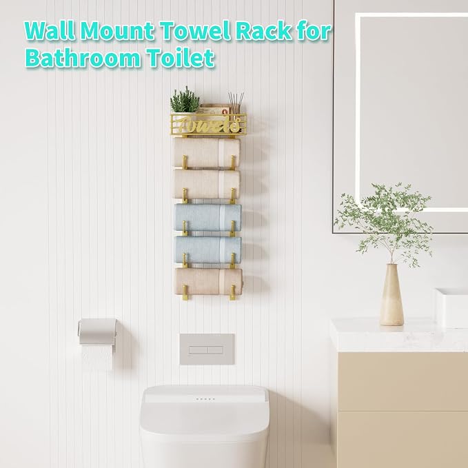 HapiRm Towel Racks for Bathroom Storage - 6 Tier Over The Door & Wall Mount Rolled Towel Storage Organizer Holder with Metal Shelf Basket for Small Bathroom, Camper, Rv - Gold, Patented