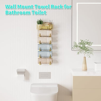 HapiRm Towel Racks for Bathroom Storage - 6 Tier Over The Door & Wall Mount Rolled Towel Storage Organizer Holder with Metal Shelf Basket for Small Bathroom, Camper, Rv - Gold, Patented