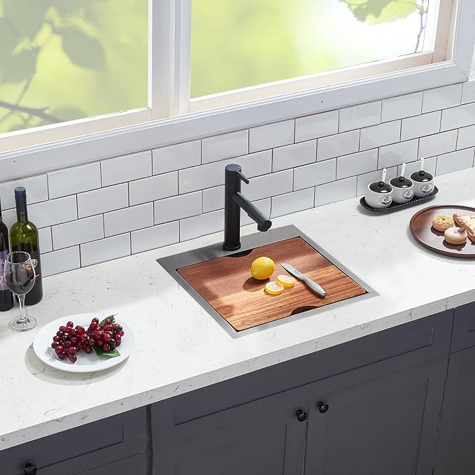 HOTIS 18 x 18 Inch Black Bar Sink Drop in Workstation Sink, Handmade Stainless Steel Wet Bar Sinks,Topmount RV Small Kitchen Sinks, Outdoor Single Bowl with Dish Grid & Drain & Cutting Board