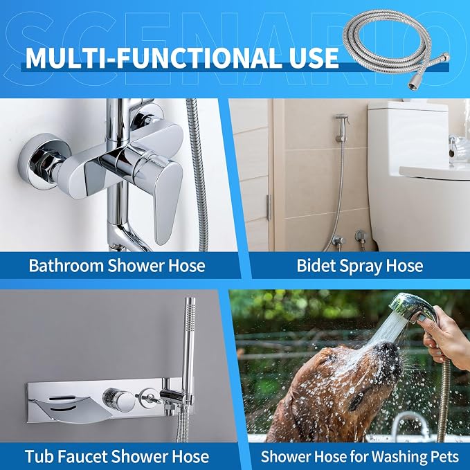 79 Inch Extra Long Stainless Steel Shower Hose - Flexible & Wear-Resistant with Chrome shower head with hose Plated Nut & Insert