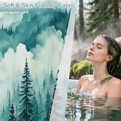 Litabel Teal Blue Misty Pine Forest Shower Curtain, Mountain Foggy Woodland Scenery Tree Shower Curtains for Chic Rustic Bathroom, Turquoise Abstract Waterproof Nature-Themed Decor, 72x72 Inches