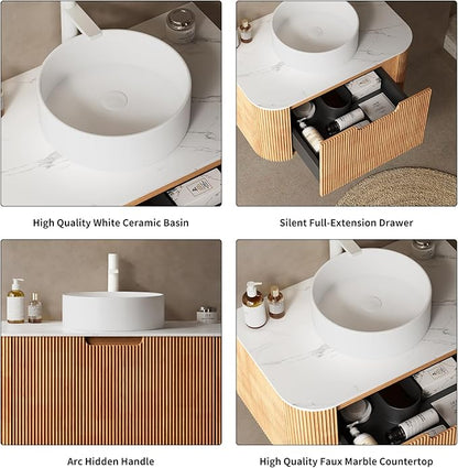 Yayzy 60" Floating Bathroom Vanity with Sink, Solid Wood Fluted Cabinet, White Round Ceramic Basin & Faux Marble Top, Soft-Close Drawer, Pre-Assembled, Natural Woodgrain