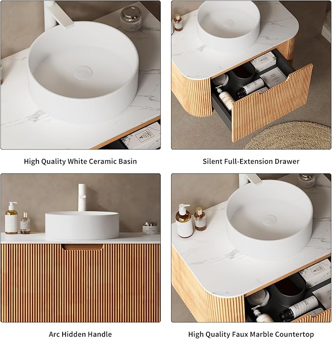 Yayzy 36" Floating Bathroom Vanity with Sink, Solid Wood Fluted Cabinet, White Round Ceramic Basin & Faux Marble Top, Soft-Close Drawer, Pre-Assembled, Natural Woodgrain