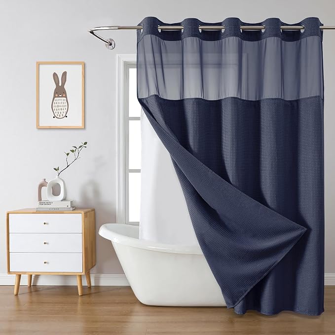 eachope No Hook Long Waffle Shower Curtain, Snap-in Liner, 71x86 in, Navy | 230 GSM waffle weave fabric, waterproof liner set with 2 bottom magnets, mesh top window, washable, for bathroom or hotel use