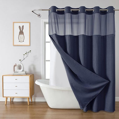 eachope No Hook Long Waffle Shower Curtain, Snap-in Liner, 71x86 in, Navy | 230 GSM waffle weave fabric, waterproof liner set with 2 bottom magnets, mesh top window, washable, for bathroom or hotel use