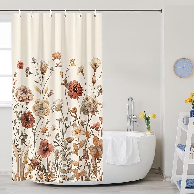 Vintage Boho Beige Floral Shower Curtain, Brown Cream Tan Rustic Farmhouse Flower Shower Curtain Set, Cute Botanical Wlidflowers Fabric Shower Curtains Decoration, 36X72 Aesthetic Bathroom Accessories