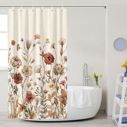 Vintage Boho Beige Floral Shower Curtain, Brown Cream Tan Rustic Farmhouse Flower Shower Curtain Set, Cute Botanical Wlidflowers Fabric Shower Curtains Decoration, 36X72 Aesthetic Bathroom Accessories