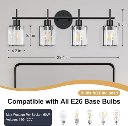 Black Bathroom Light Fixtures, Square, 4-Light | Vanity Lights with Crystal Shades, Modern Bathroom Lighting Fixtures over Mirror (Bulbs Not Included, E26)