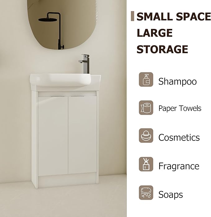 Henf 23" Freestanding Bathroom Vanity with Sink Set for Small Space, Soft Close Doors Round Ceramic Basin Floor Mount Bathroom Cabinet, Vanity and Sink Combo for Home, White