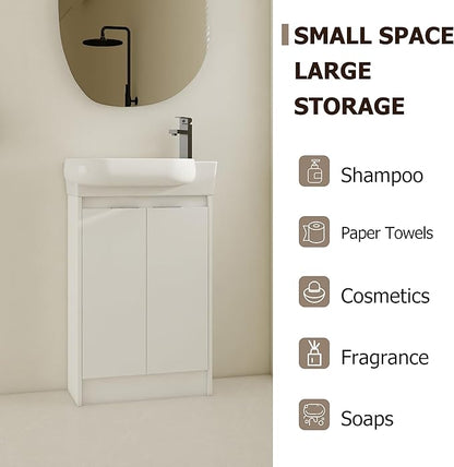 Henf 23" Freestanding Bathroom Vanity with Sink Set for Small Space, Soft Close Doors Round Ceramic Basin Floor Mount Bathroom Cabinet, Vanity and Sink Combo for Home, White