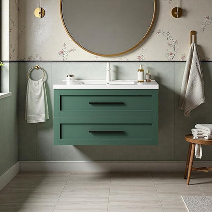 Floating Bathroom Vanity with Sink, 36" Bathroom Storage Cabinet with Curve Design Ceramic Basin & 2 Soft-Close Drawers, Wall-Mounted Vanity with Large Storage Space & Black Handle, Green