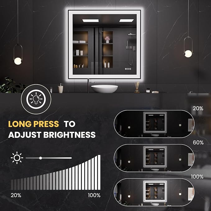 LOAAO 40"X38" LED Bathroom Mirror Black Framed | Anti-Fog, Dimmable, Memory Function, Tempered Glass, Lighted Vanity Mirror for Wall