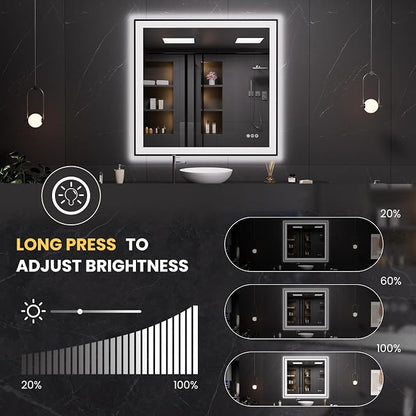 LOAAO 40"X38" LED Bathroom Mirror Black Framed | Anti-Fog, Dimmable, Memory Function, Tempered Glass, Lighted Vanity Mirror for Wall
