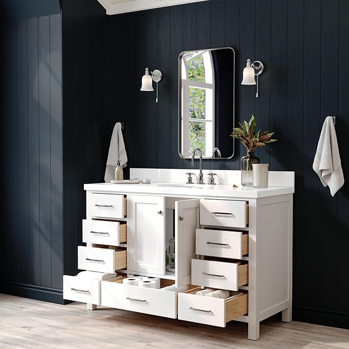 ARIEL Cambridge 54-inch Bathroom Vanity with Sink,Solid Wood, 1.5-inch Pure White Quartz Countertop & Backsplash, Single Oval Porcelain Sink, 2 Soft Closing Doors, 9 Dovetail Drawers, White