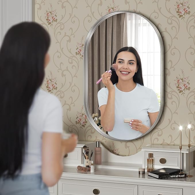 Brightify Silver Oval Mirror for Bathroom 20x36 Inch, Metal Framed Vanity Silver Mirrors, Modern Pill Shape Mirror for Bedroom Living Room Wall Decorative Hang Vertical and Horizontal