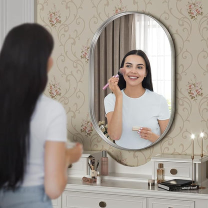Brightify Silver Oval Mirror for Bathroom 20x36 Inch, Metal Framed Vanity Silver Mirrors, Modern Pill Shape Mirror for Bedroom Living Room Wall Decorative Hang Vertical and Horizontal