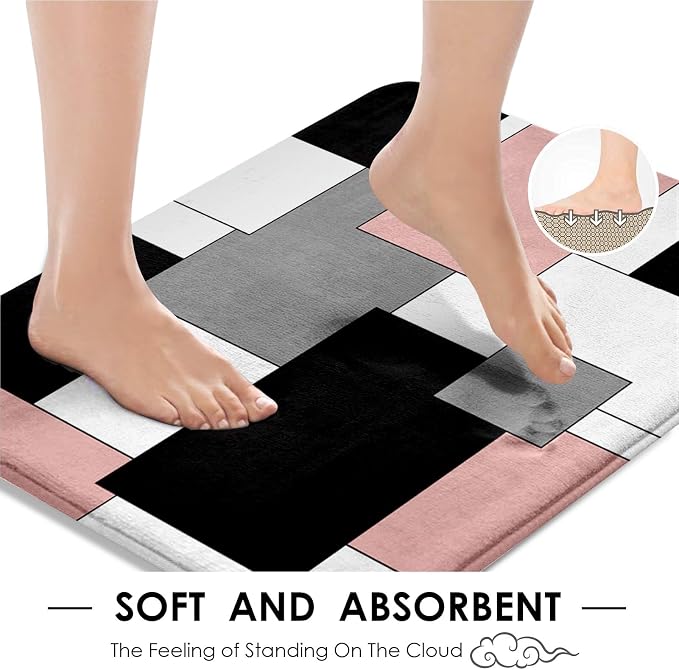 Bathroom Sets with Shower Curtain and Rugs, 4 Pcs, Geometric Pink | Checkered Modern Abstract Bathroom Decor Set with Toilet Lid Cover, Non-Slip Bath Mats and 12 Hooks