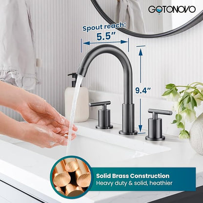 gotonovo 3 Hole 2 Handles Lavatory Basin Bathroom Sink Faucet with Pop Up Drain with Hot and Cold Mixer Valves 8 Inch Widespread Bathroom Faucet Gray