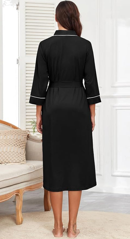 PrinStory Robes for Women 3/4 Sleeve Long Bath Robe XS-4XL | V-Neck Knit Bathrobe with Pockets, Lightweight, Soft, Breathable Robes for Shower, Spa, Travel, Home, Party, Nursing