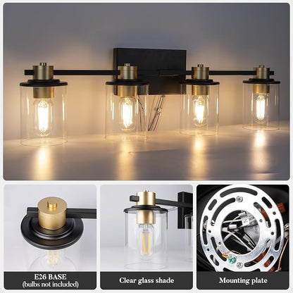 Lightdot 4 Light Bathroom Vanity Light, 27.5" Black and Gold Bathroom Light Fixtures with Glass Waterproof Shades, Rust-Proof Modern Vanity Lights Over Mirror for Kitchen Hallway Cabinet Porch