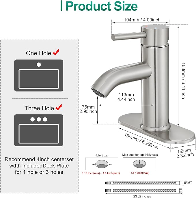 Bathroom Faucet Brushed Nickel Modern Single Hole Bathroom Sink Faucet with Single Handle Suitable for 1 or 3 Holes,Supply Deck Plate and Hose
