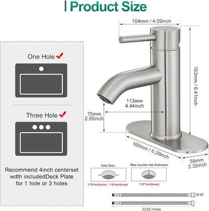 Bathroom Faucet Brushed Nickel Modern Single Hole Bathroom Sink Faucet with Single Handle Suitable for 1 or 3 Holes,Supply Deck Plate and Hose