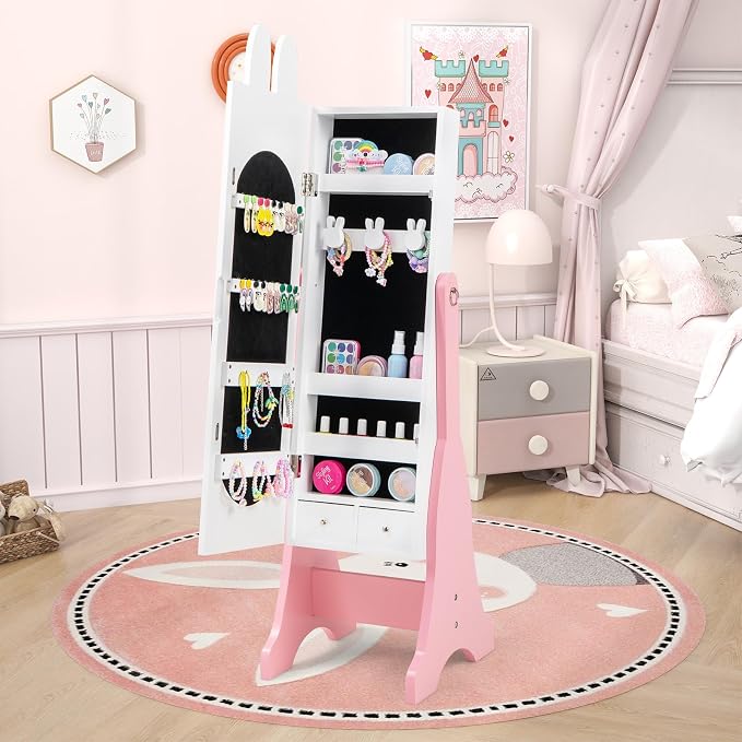 CHARMAID Kids Mirror Jewelry Cabinet - 45" Standing Jewelry Armoire with Full Length Mirror, Bunny Shaped Vanity Dressing Mirror for Girls, Kids Jewelry Organizer with Storage Drawers (White)