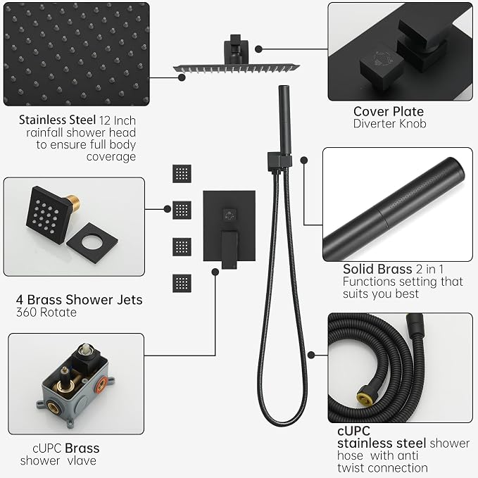 Hoimpro 12 Inch Rainfall Shower Faucet with 4 Full Body Shower Jet Fixtures Combo, Shower System Set with Rain Mixer Shower Head and Brass 2 in 1 Spray Handheld Showerhead, Wall Mounted, Matte Black