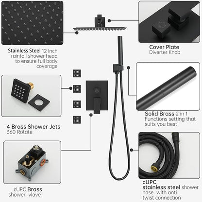 Hoimpro 12 Inch Rainfall Shower Faucet with 4 Full Body Shower Jet Fixtures Combo, Shower System Set with Rain Mixer Shower Head and Brass 2 in 1 Spray Handheld Showerhead, Wall Mounted, Matte Black