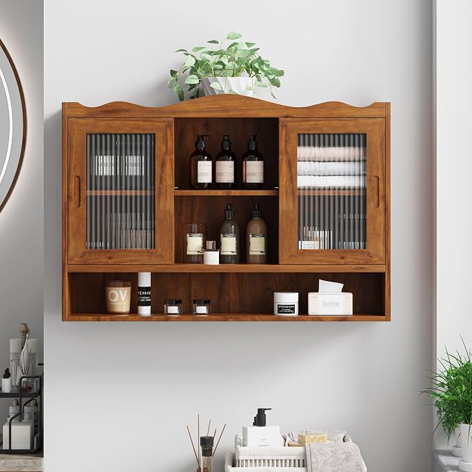 KEIKI 35.4" L Wall Mounted Kitchen Sideboard Cabinet with 2 Sliding Glass Door, 3 Layers Shelves, Retro Storage Buffet Medicine Cabinet for Bathroom, Dining Rooms, Entryway, Solid Wood, Walnut