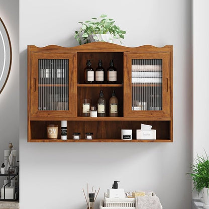 KEIKI 35.4" L Wall Mounted Kitchen Sideboard Cabinet with 2 Sliding Glass Door, 3 Layers Shelves, Retro Storage Buffet Medicine Cabinet for Bathroom, Dining Rooms, Entryway, Solid Wood, Walnut