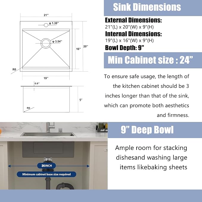 21x20 Inch Black Kitchen Sink, Drop in Bar Sink Black, Stainless Steel Square Small Topmount Workstation Sinks, Single Bowl for Laundry Office Wet Bar Prep RV Outdoor Yard