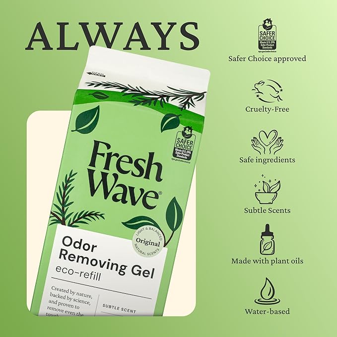 Fresh Wave Odor Eliminator Gel Refill, 2-Pk Original, 63 oz, Odor Absorber | Clove and pine plant oils, No parabens or phthalates, Refills small or large gel jars, Lasts 30-60 days per jar