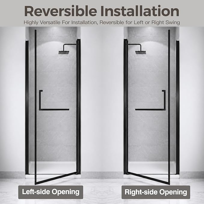 28-29.2" W x 72" H Single Frameless Pivot Swing Shower Door | 1/4" Clear SGCC Tempered Glass with a 24.1" walk-in opening, Matte Black Finish, Adjustable Width, Reversible Installation