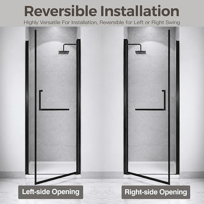 28-29.2" W x 72" H Single Frameless Pivot Swing Shower Door | 1/4" Clear SGCC Tempered Glass with a 24.1" walk-in opening, Matte Black Finish, Adjustable Width, Reversible Installation