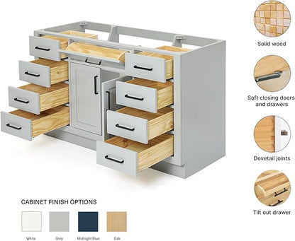 ARIEL Hepburn 54-inch Bathroom Vanity Base Cabinet,Solid Wood, 2 Soft Closing Doors, 9 Dovetail Drawers, Grey